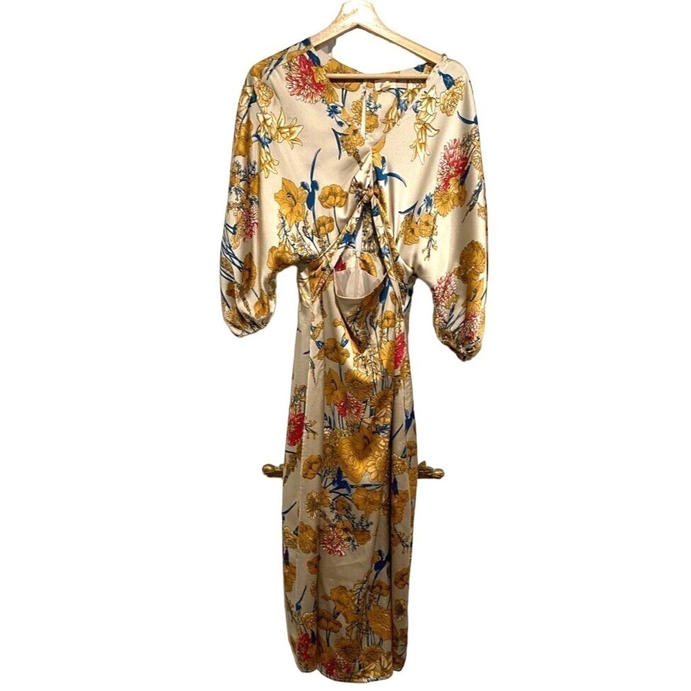 Lena - Georgous Satin Colorful Floral cut out dress midi women's size small - Picture 4 of 8